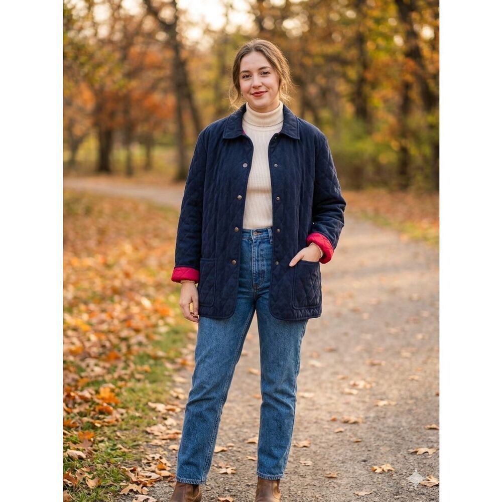 Vintage Alfred Dunner Quilted Jacket Navy Blue Red Lining Soft Barn Coat Size 18